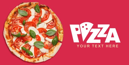 Image of Tasty pizza on red background. Banner design with space for your text