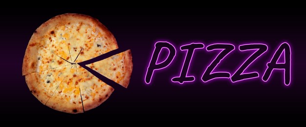 Image of Flyer or banner design with tasty pizza on black background