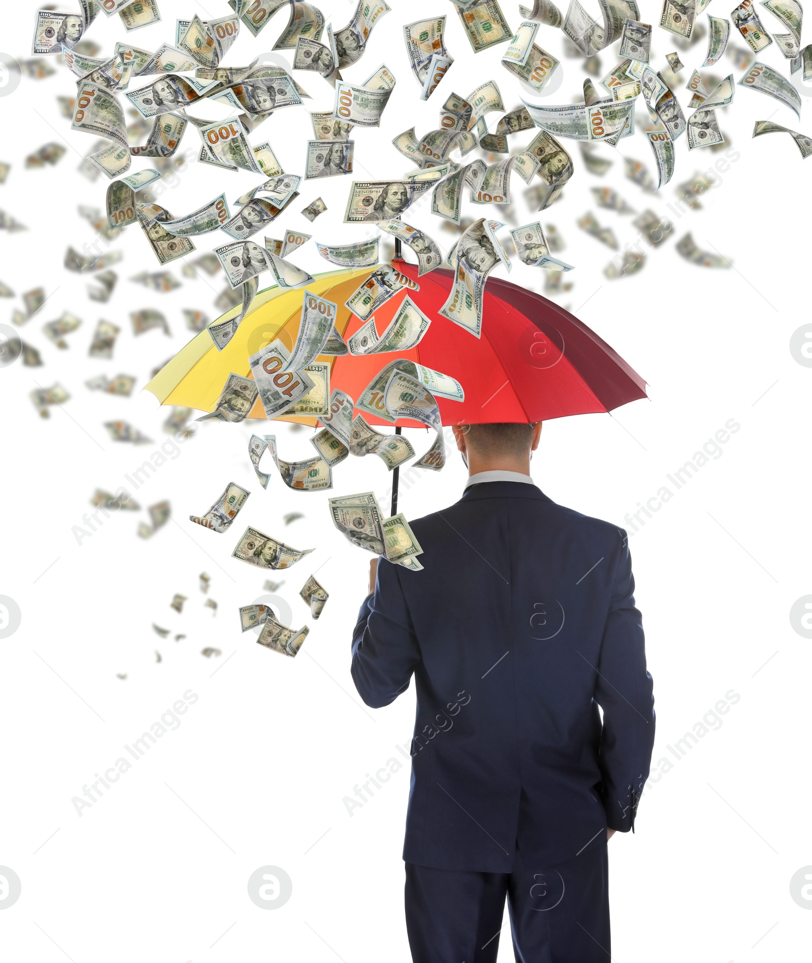 Image of Businessman with umbrella under money rain on white background