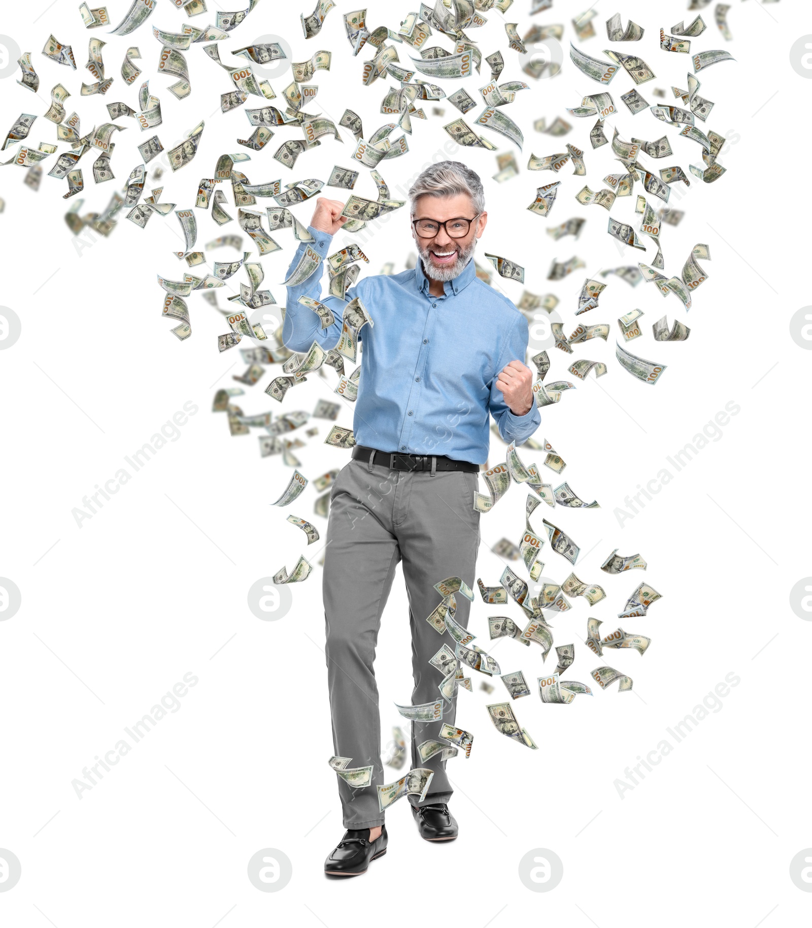 Image of Happy businessman under money rain on white background