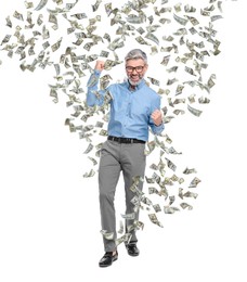 Image of Happy businessman under money rain on white background
