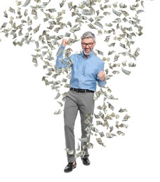 Happy businessman under money rain on white background