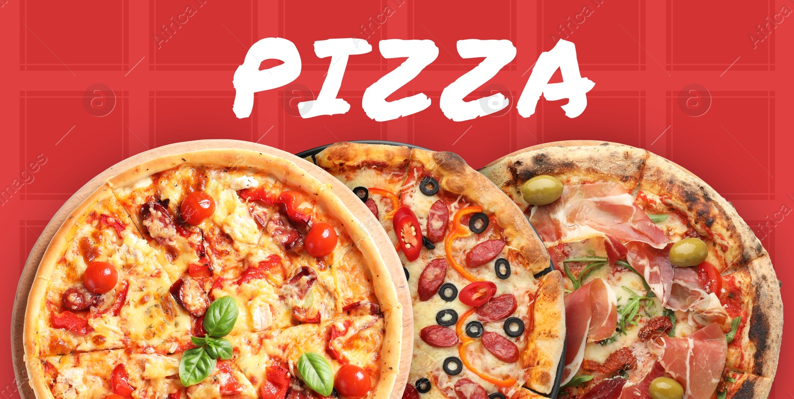 Image of Flyer or banner design with tasty pizzas on red background