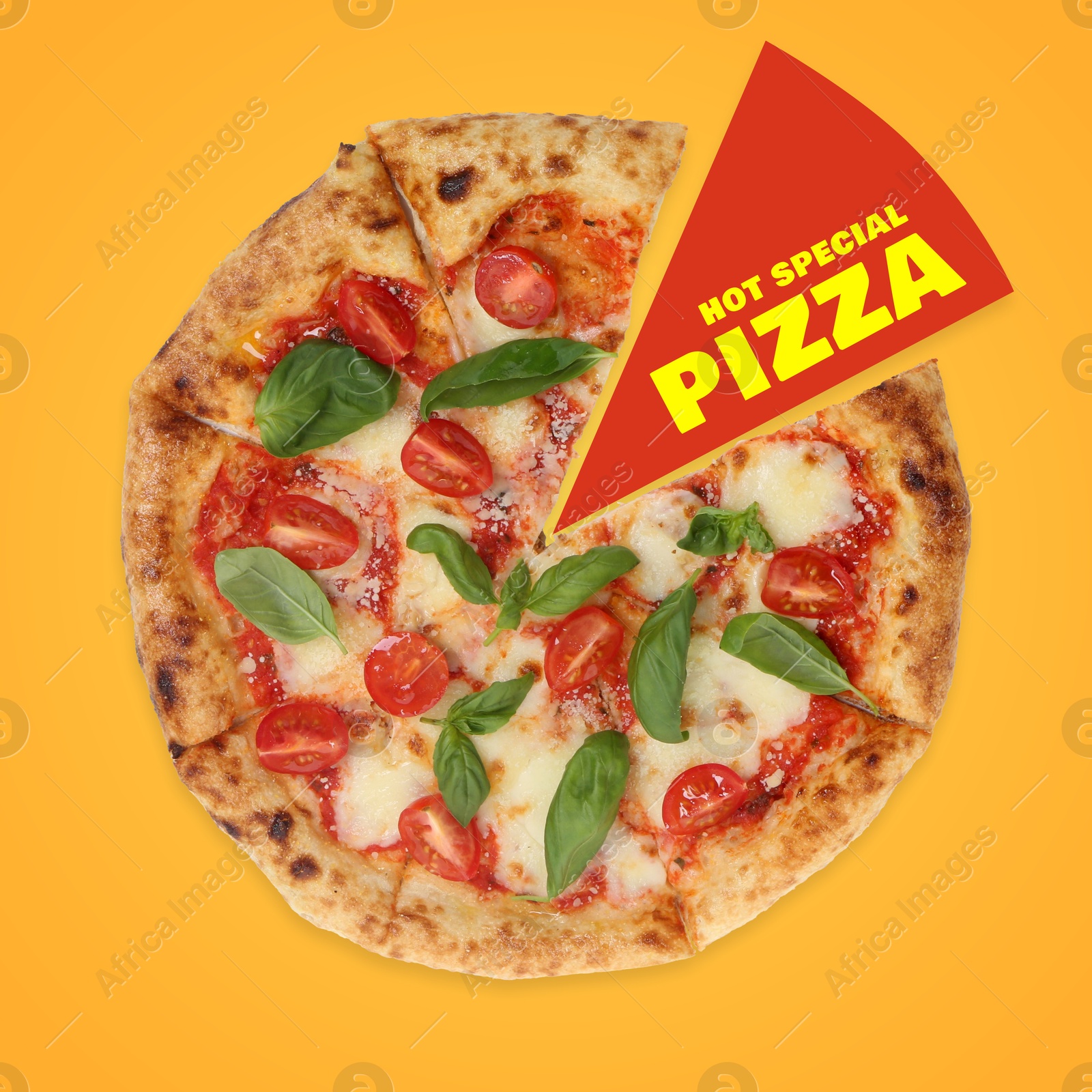 Image of Flyer or poster design with tasty pizza on golden background