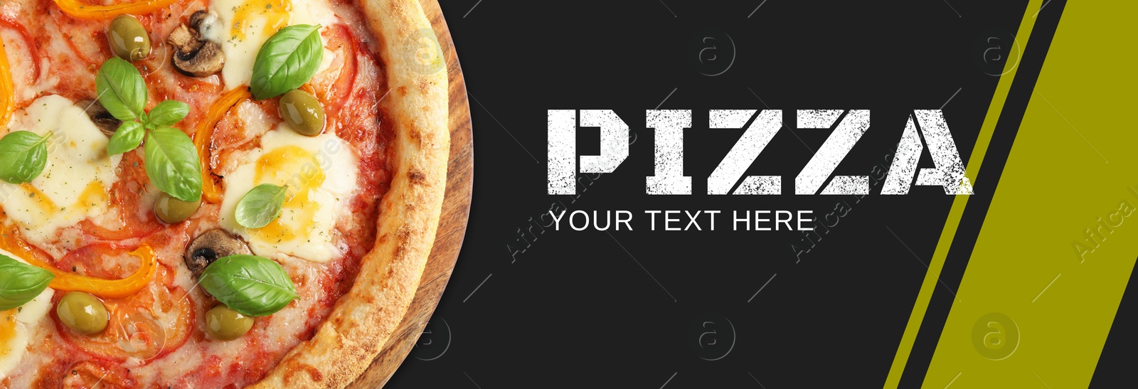 Image of Flyer or banner design with tasty pizza and space for your text on black background