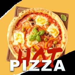 Image of Flyer or poster design with tasty pizza on color background