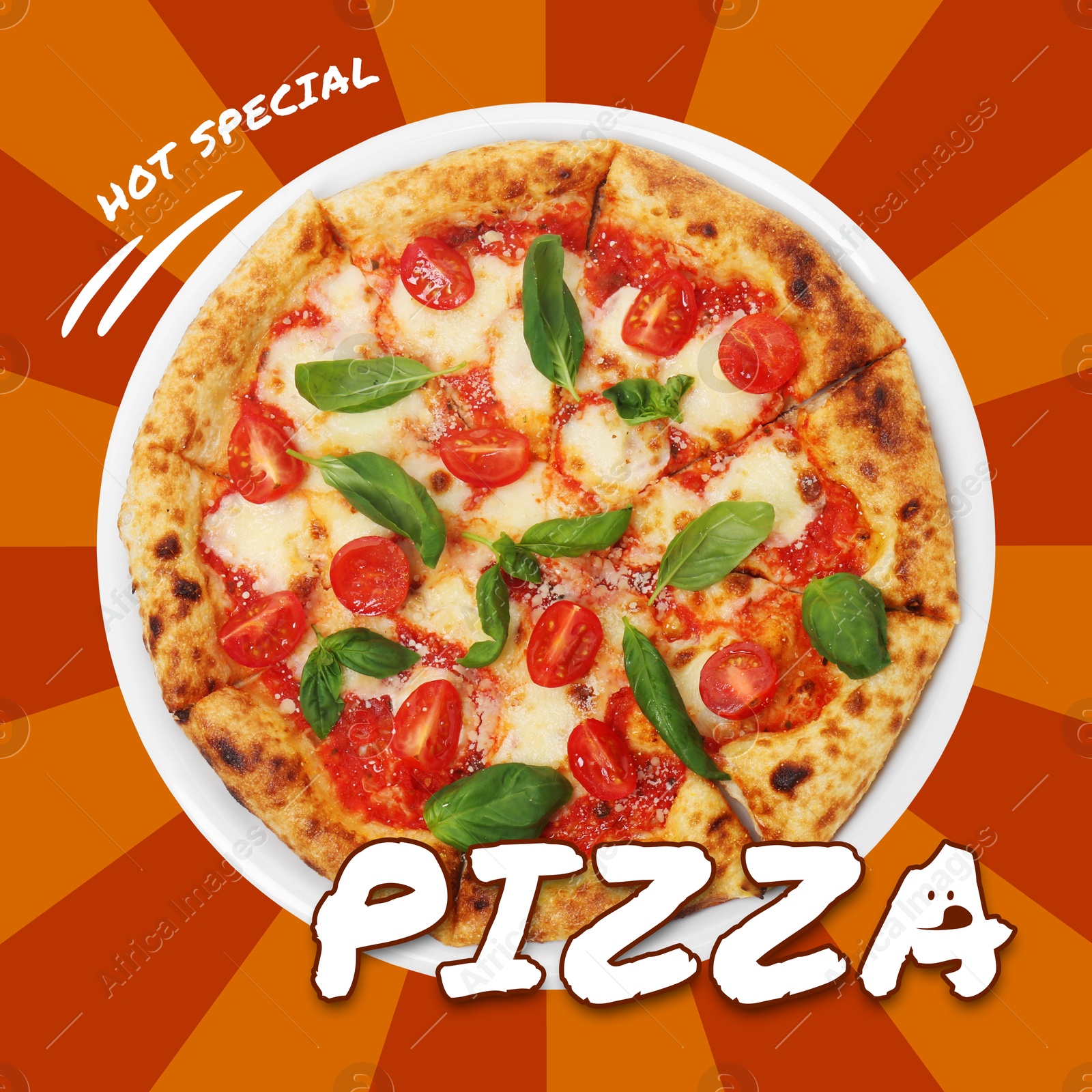 Image of Flyer or poster design with tasty pizza on color striped background