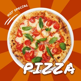 Flyer or poster design with tasty pizza on color striped background