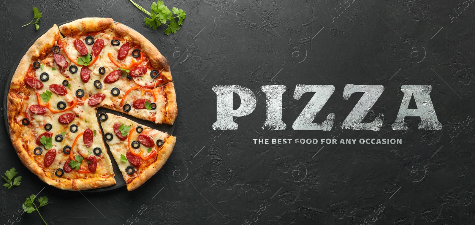 Image of Tasty pizza on dark grey background, top view. Banner design