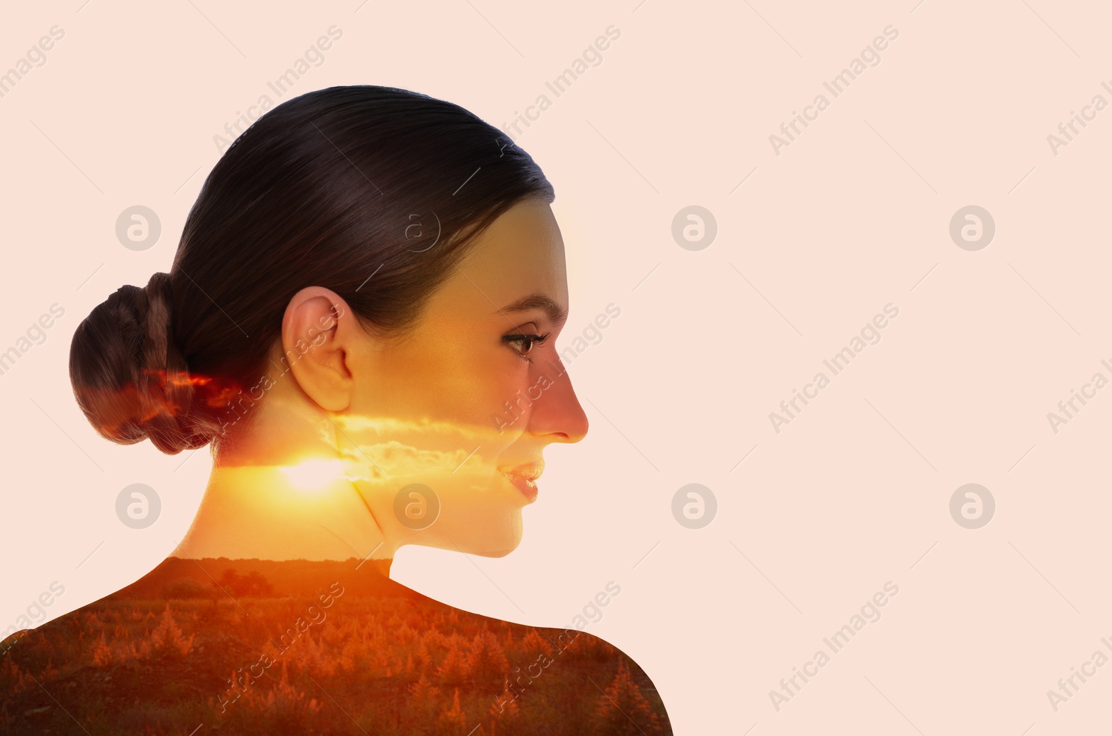 Image of Sunny landscape and beautiful woman, double exposure