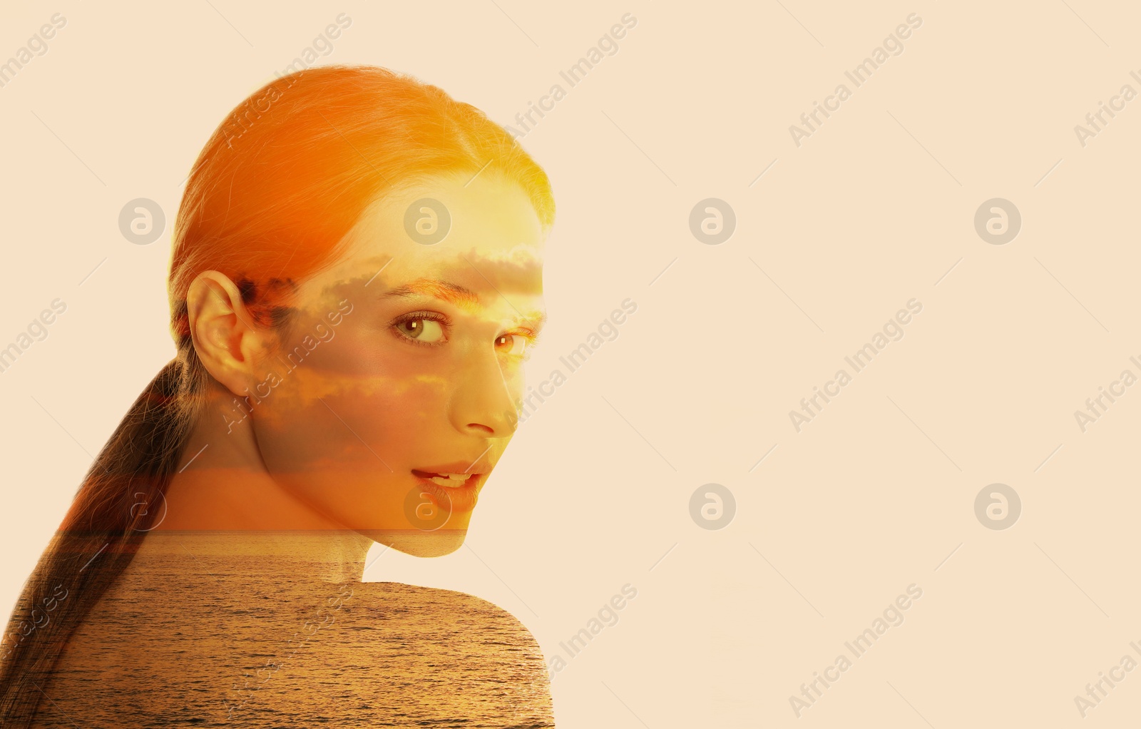 Image of Sunny seascape and beautiful woman, double exposure