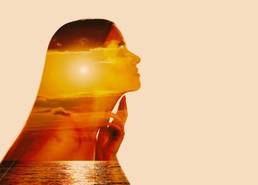 Image of Sunny seascape and beautiful woman, double exposure