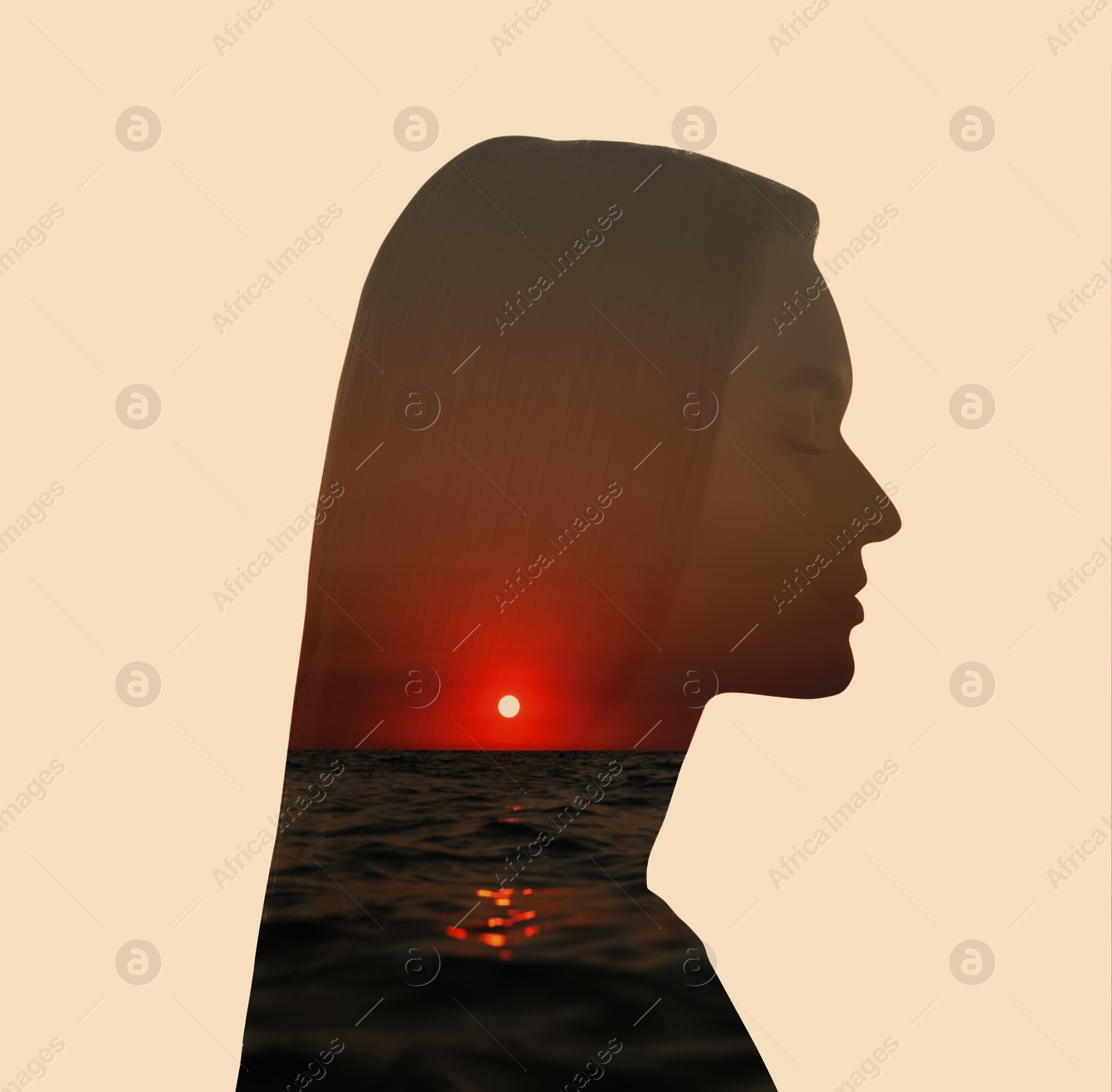 Image of Silhouette of woman and sunny seascape, double exposure