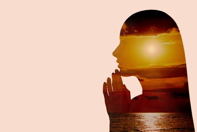 Image of Silhouette of woman and sunny seascape, double exposure