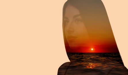 Image of Silhouette of woman and sunny seascape, double exposure. Banner design