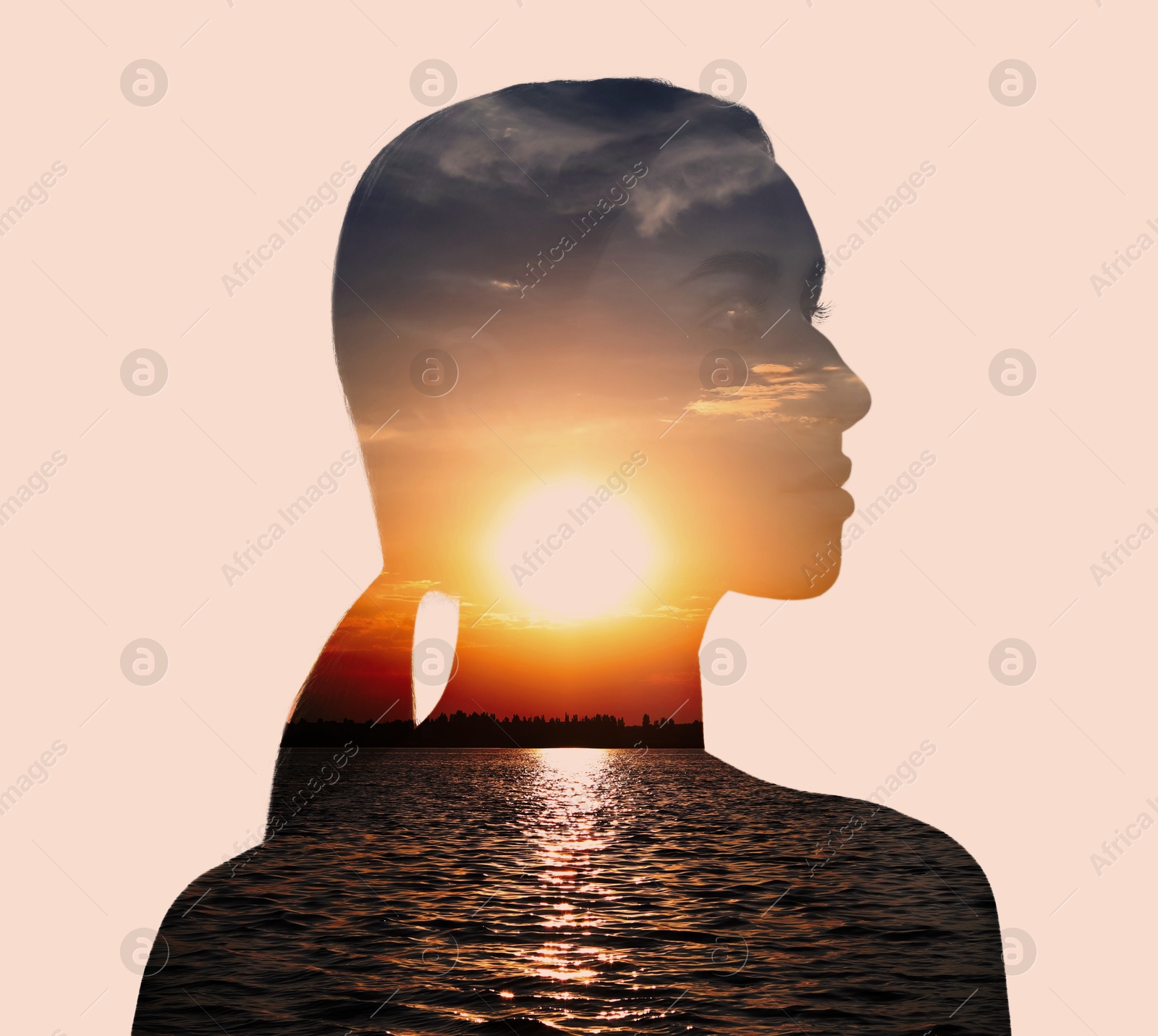 Image of Silhouette of woman and sunny seascape, double exposure