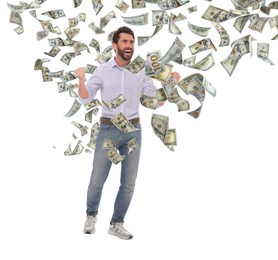 Image of Happy man under money rain on white background