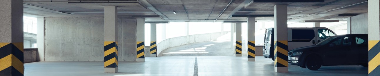 Open car parking garage with ramp, banner design