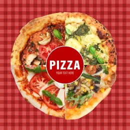 Image of Mix of slices of different pizzas on red checkered background. Flyer or poster design with space for your text