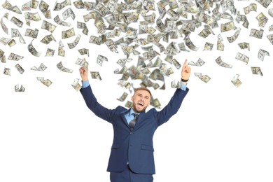 Image of Happy businessman under money rain on white background