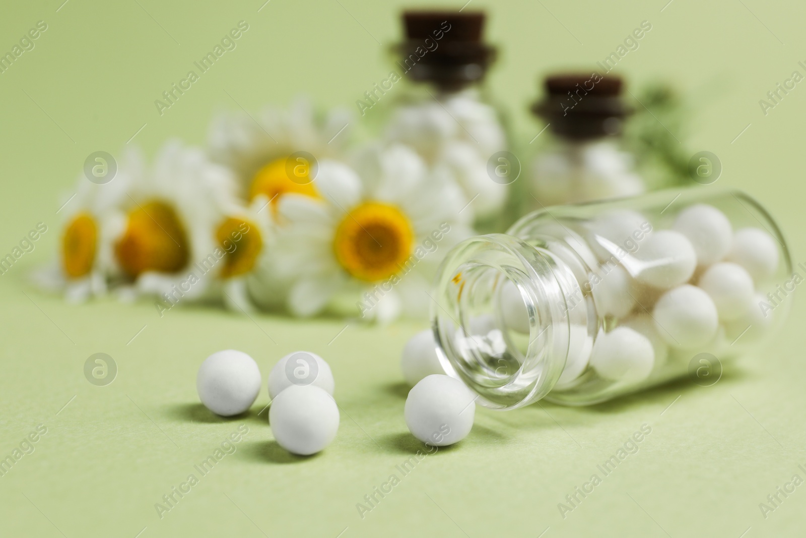 Photo of Bottles with homeopathic remedy and chamomiles on light green background, closeup