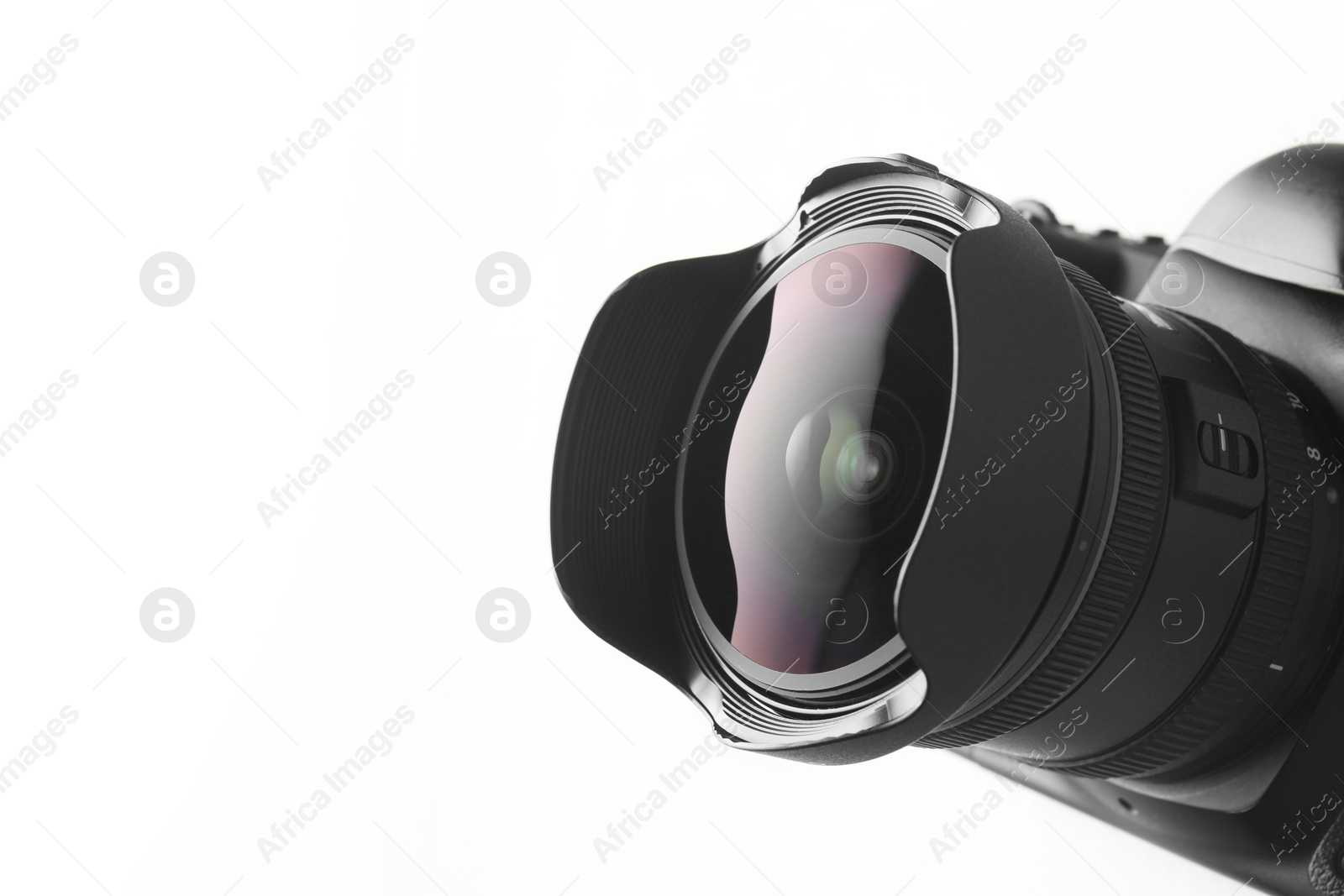 Photo of One modern photo camera on white background, closeup. Space for text