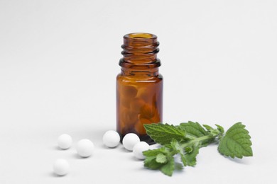 Photo of Homeopathy. Glass bottle, pills and mint on white background