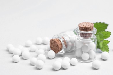 Photo of Homeopathy. Glass bottles, pills and mint on white background, closeup