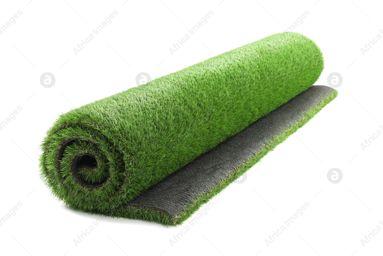 Photo of Roll of green artificial grass isolated on white