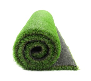 Photo of Roll of green artificial grass isolated on white