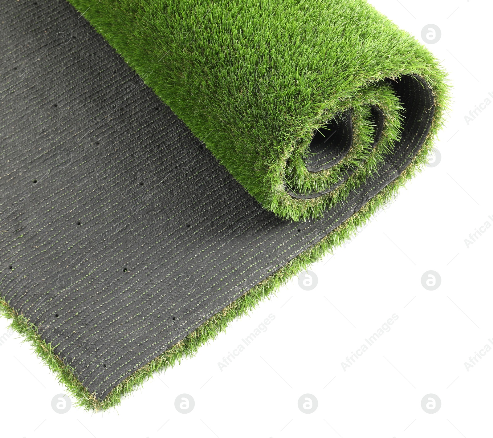 Photo of Roll of green artificial grass isolated on white, top view