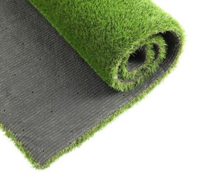 Photo of Roll of green artificial grass isolated on white, top view