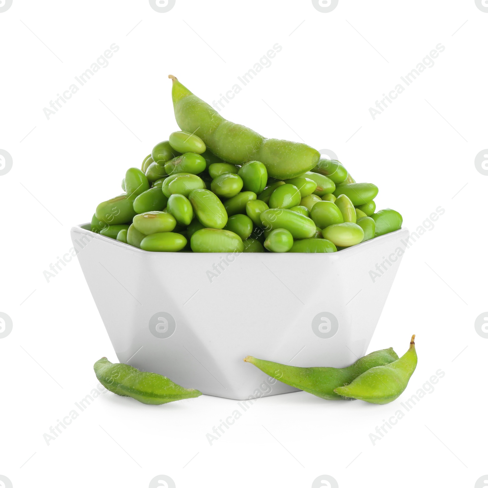 Photo of Raw green edamame soybeans and pods isolated on white