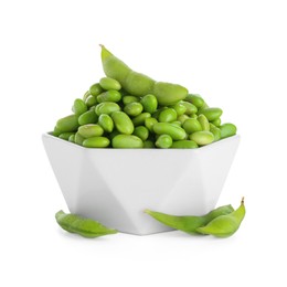 Photo of Raw green edamame soybeans and pods isolated on white