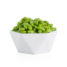 Photo of Raw green edamame soybeans in bowl isolated on white