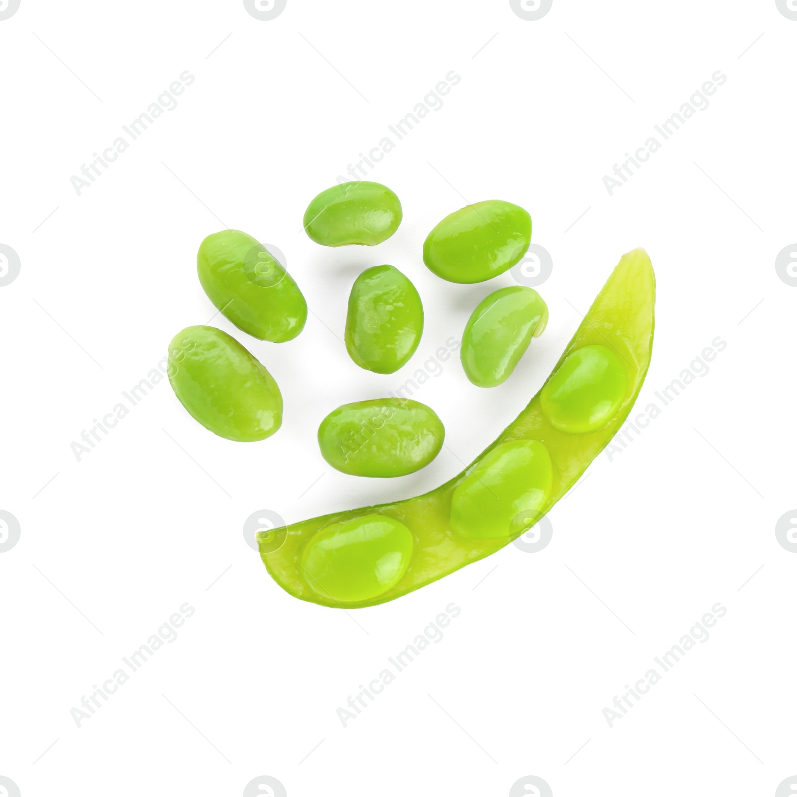 Photo of Raw green edamame pod with soybeans isolated on white, top view