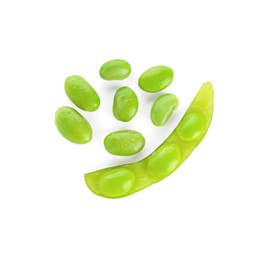 Photo of Raw green edamame pod with soybeans isolated on white, top view