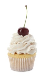 Delicious cupcake with cream and cherry isolated on white