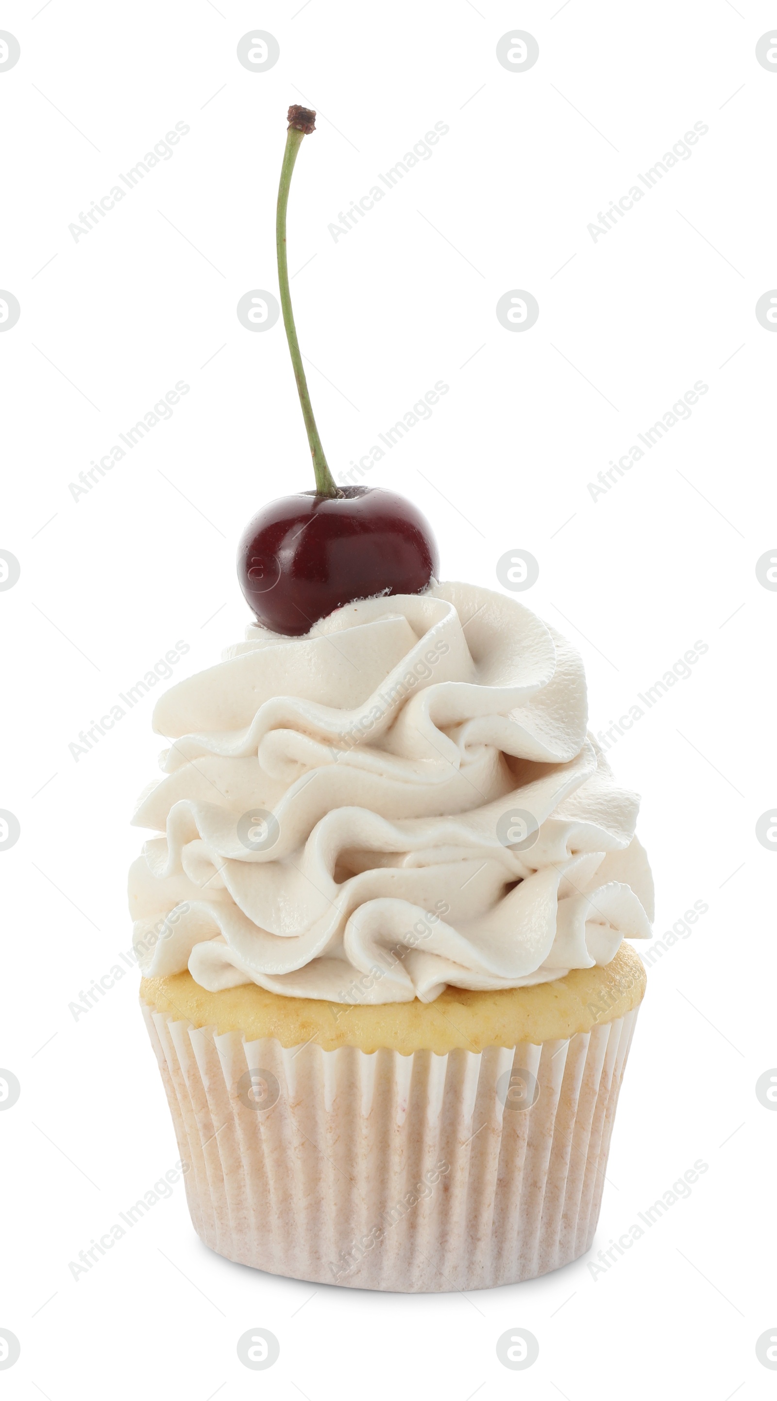 Photo of Delicious cupcake with cream and cherry isolated on white