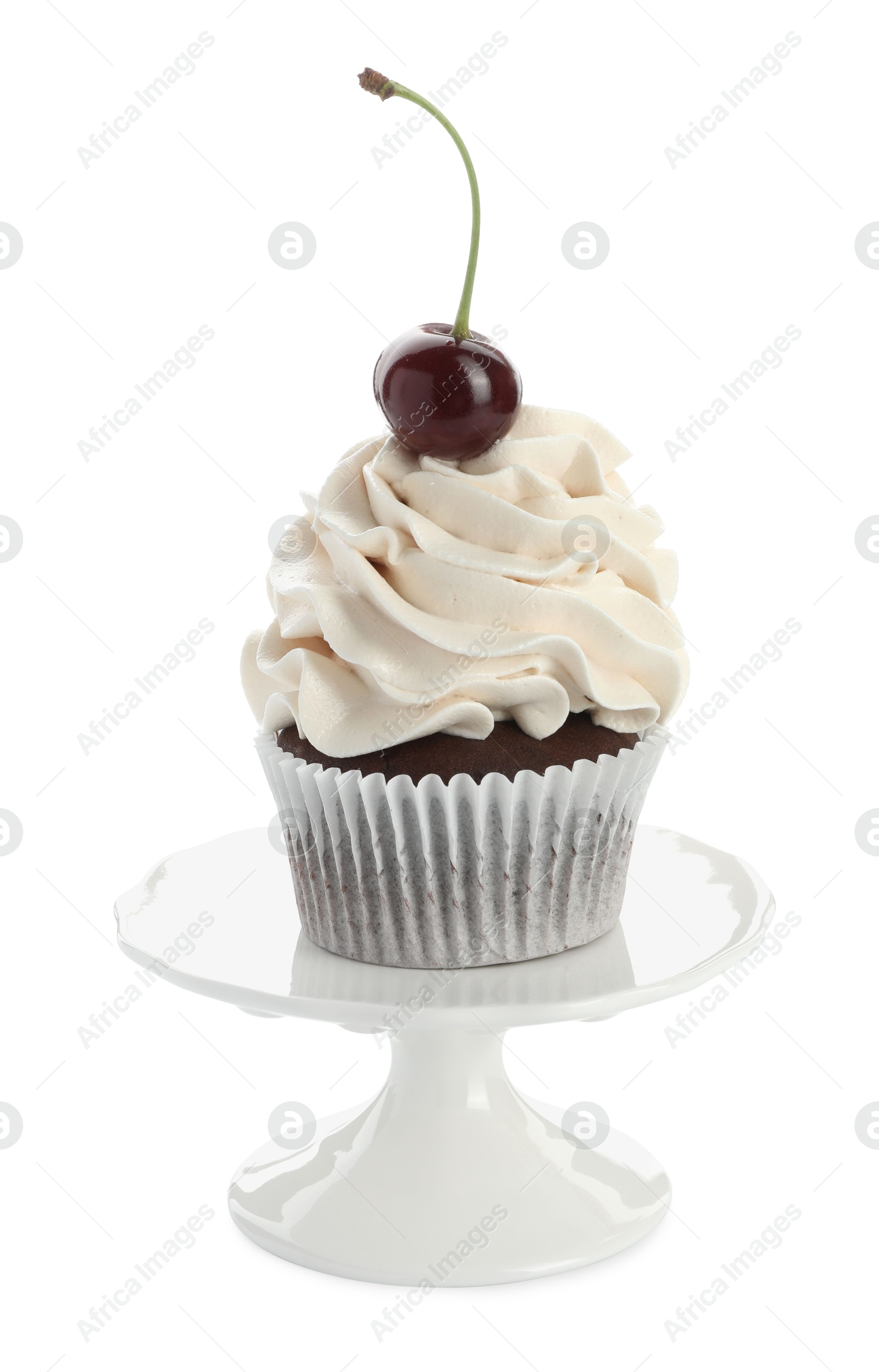 Photo of Delicious cupcake with cream and cherry isolated on white