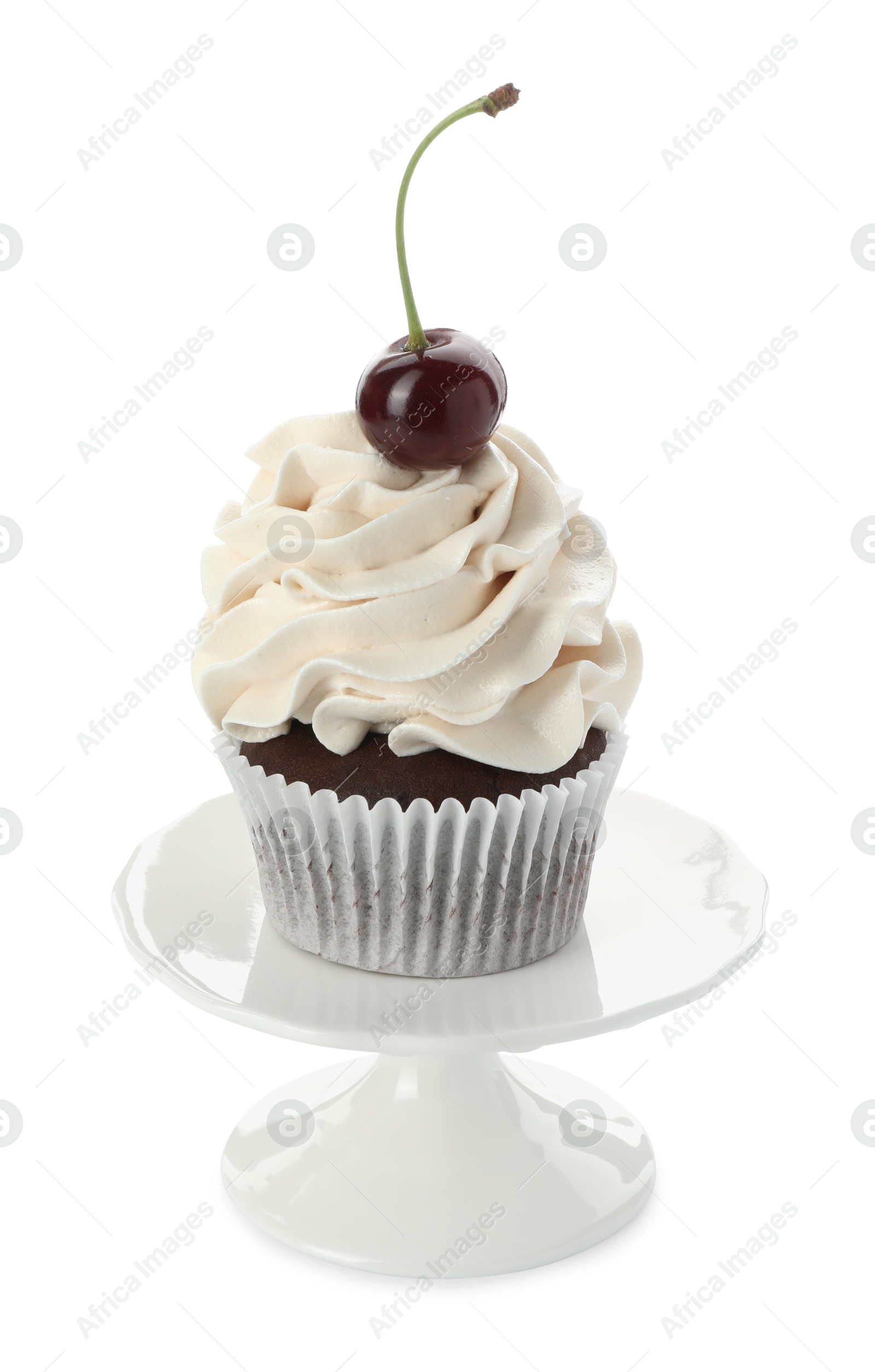 Photo of Delicious cupcake with cream and cherry isolated on white