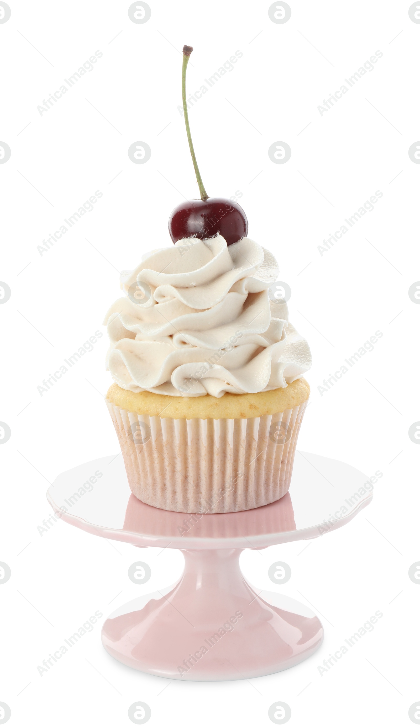 Photo of Delicious cupcake with cream and cherry isolated on white