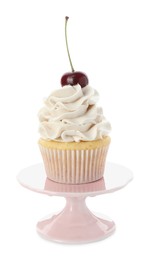 Delicious cupcake with cream and cherry isolated on white