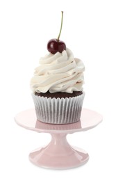 Photo of Delicious cupcake with cream and cherry isolated on white