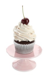 Photo of Delicious cupcake with cream and cherry isolated on white