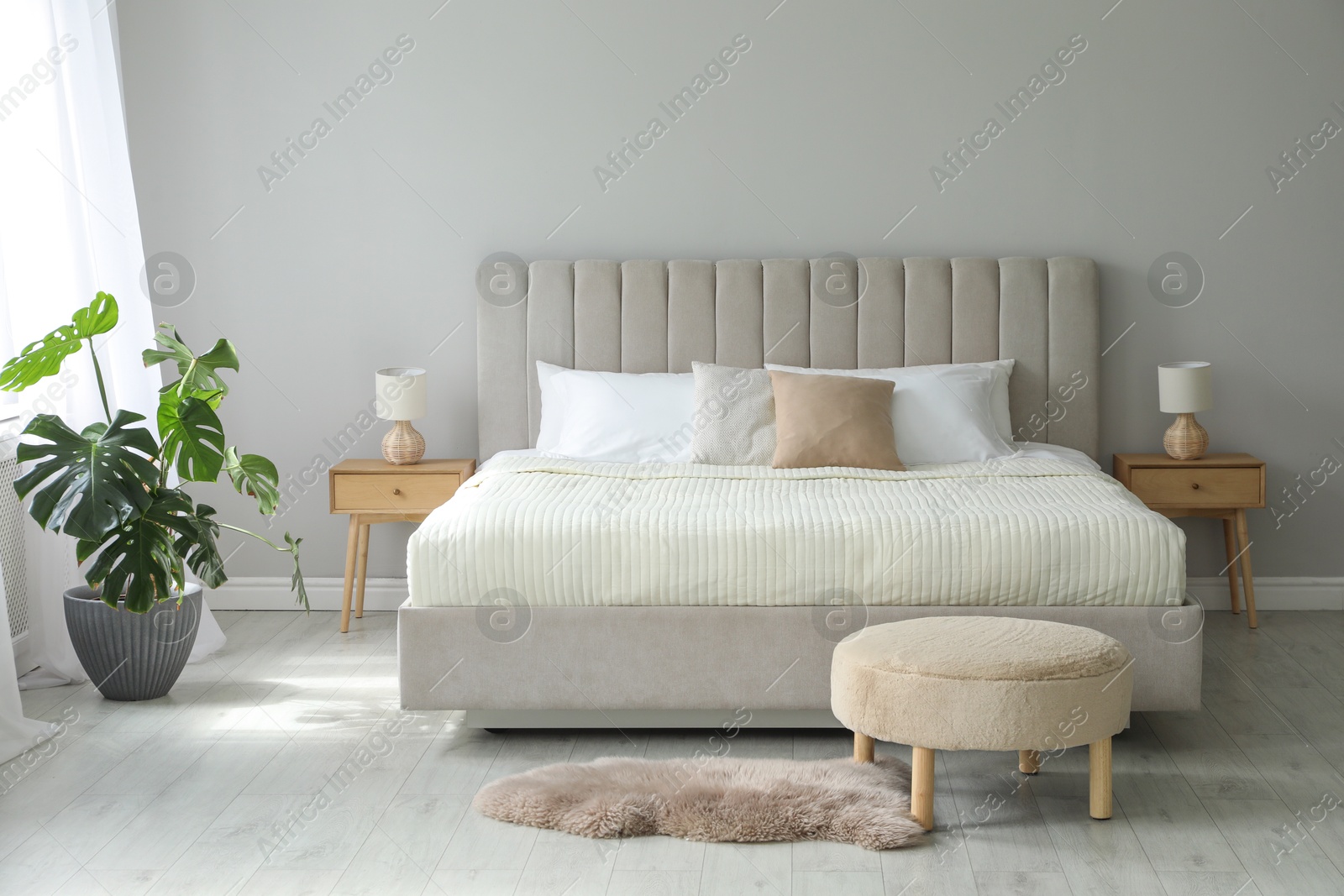 Photo of Stylish contemporary bedroom interior with houseplant and comfortable bed