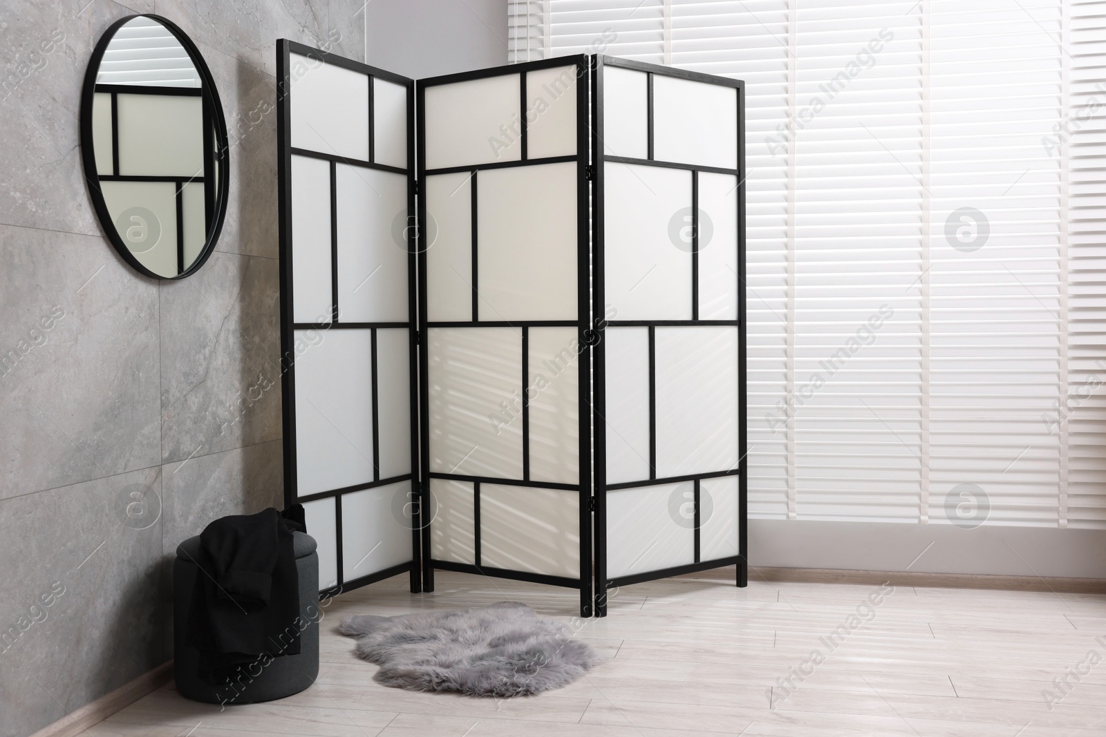 Photo of Stylish room interior with folding screen and mirror