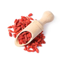 Photo of Dried goji berries and wooden scoop isolated on white, top view