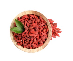 Dried goji berries in wooden bowl isolated on white, top view