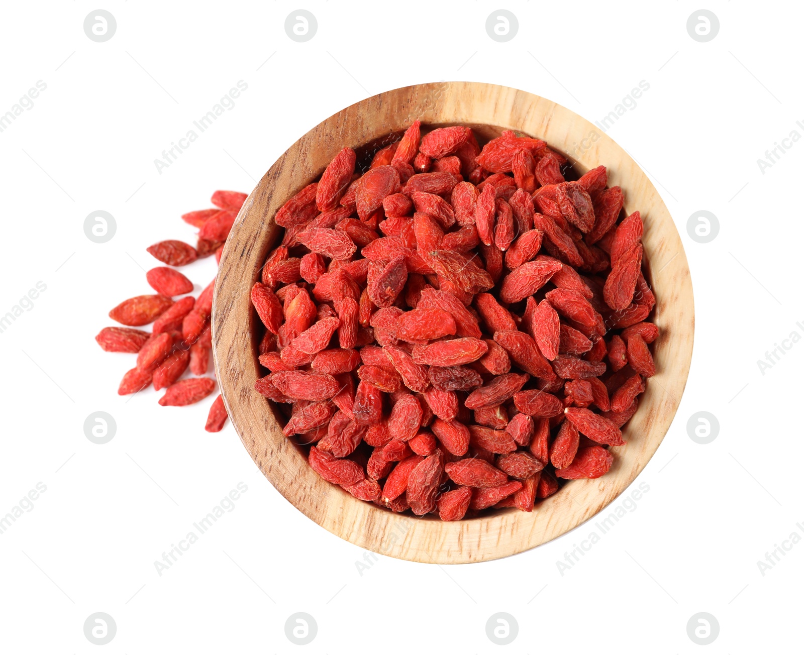 Photo of Dried goji berries in wooden bowl isolated on white, top view